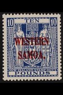 1935-42  £10 Deep Blue Ovpt'd Postal Fiscal Stamp Wmk Single, Barefoot 25 A (see Note After SG 194d), Never Hinged Mint, - Samoa (Staat)