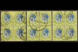 1913-24  10s Deep Blue & Olive-green, SG 16, Three, FINE USED BLOCKS OF FOUR. (3 Blocks). For More Images, Please Visit  - Unclassified