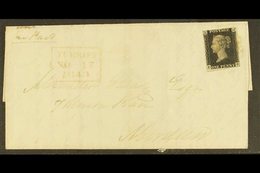 1840  (17 Nov) EL From Turriff To Aberdeen Bearing 1d Intense Black 'PD', Plate 2 (SG 1) With 4 Small To Very Large Marg - Ohne Zuordnung