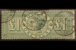 1891  £1 Green, "JC" With Frame Unbroken (plate 3), SG 212, Spec. K17aa, With Neat 1897 East Cheap R.O. Cds's, Good Colo - Altri & Non Classificati