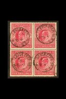 1902-10  5s Deep Bright Carmine De La Rue (SG 264), Fine Used BLOCK OF FOUR Each Stamp Cancelled By Leicester Square Cds - Zonder Classificatie