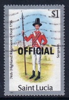 St Lucia 1985 Single $1 Stamp From The Military Uniform Series Overprinted Official. - Ste Lucie (...-1978)