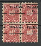 USA 1916 Postage Due Porto 10 C. Michel 41 As 4-block With Pre-cancel Philadelphia * - Segnatasse