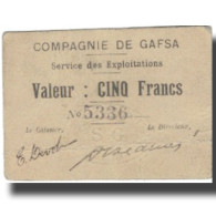 Billet, Tunisie, GAFSA, 5 Francs, Valeur Faciale, 1915, 1915-12-25, TTB - Tunesien