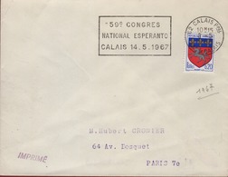 Espéranto Flamme Sécap =o 62 Calais Ppal 26-4 1967 " 59e Congrès National Espéranto Calais 14.5.1967" - Esperanto