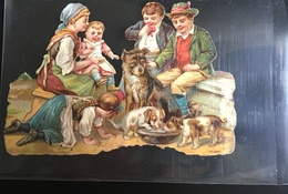 Superbe Chromo Decoupis Groupe Enfants Chien Chiots 12cm X 8 Cm Hauteur 1890 - Enfants