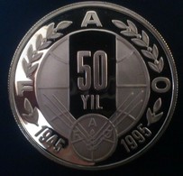 TURKEY 50000 LIRA (50 Bin Lira) SILVER PROOF "50th Anniversary - F.A.O." "free Shipping Via Registered Air Mail" - Turkey