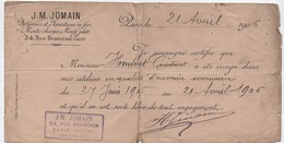 Certificat De Travail/ JM JOMAION: Persiennes Et Fermetures En Fer/34 Rue Brancion Paris/HOMMET Constant/1906     VPN188 - Unclassified