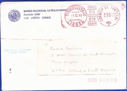 Cover + Mechanical Franchise With Advertising - BANCO NACIONAL ULTRAMARINO, LISBOA / Lisboa, 1983 - Franking Machines (EMA)