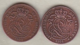 Belgique. 1 Centime 1901. Légende Française Et Légende Flamand. Leopold II. 2 Pièces - 1 Cent