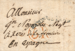 D.P. 11. 1798. Carta De Francia A Jerez De La Frontera. Marca Lineal Negra "BAYONA" De 28mm, Propia De Irún. Marca De Or - ...-1850 Prephilately