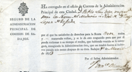 D.P. 13. 1823. Justificante De Carta Certificada De Badajoz A Navas Del Madroño. Raro. - ...-1850 Prephilately