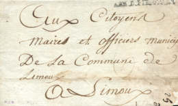 1795 (16 MAR). Envuelta Del Hospicio De Figueres A Limoux. Marca "ARM. D. PIR ORIEN" VII-8 Lineal Y Porteo Mms "6" Décim - Kriegsmarken