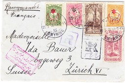 1916 R-Brief Aus Smyrna Nach Zürich; Mit 9 Marken Frankiert - Brieven En Documenten