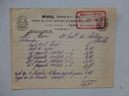 Paris, Marq Pharmacien, Facture Vers 1910 ? Cachet  ; PAP02 - 1900 – 1949