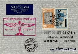 MARS 1937 - Enveloppe De ABIDJIAN  Pour ACCRA - "service Aérien COTE OCCIDENTALE D'AFRIQUE  "    1 Er Voyage - Briefe U. Dokumente