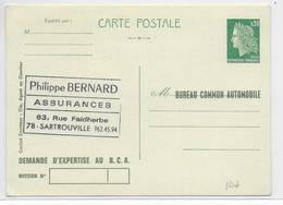 1973 - CARTE ENTIER POSTAL TYPE CHEFFER REPIQUAGE BUREAU COMMUN AUTOMOBILE BCA - Overprinter Postcards (before 1995)