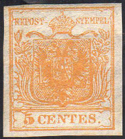 1850 - 5 Cent. Giallo Ocra (1), Nuovo, Gomma Originale, Perfetto. Molto Fresco! Cert. Diena.... - Lombardo-Vénétie