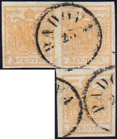 1850 - 5 Cent. Giallo Ocra (1), Striscia Di Tre A Seggiola, Perfetta, Usata A Padova. Cert. E.Diena.... - Lombardije-Venetië