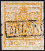 1850 - 5 Cent. Giallo Arancio, I Tiratura (1d), Perfetto, Usato A Milano. Emilio Diena, Ferrario.... - Lombardy-Venetia