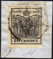 1850 - 10 Cent. Nero Carbone, Carta A Mano (2e), Perfetto, Usato Su Piccolo Frammento A Venezia. A.D... - Lombardo-Vénétie