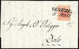 1851 - 15 Cent. Rosso Vermiglio, II Tipo, Carta A Mano (4), Perfetto, Su Lettera Da Venezia 9/5/1851... - Lombardo-Vénétie