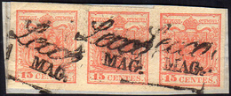 1852 - 15 Cent. Rosso, III Tipo, Carta A Mano (6), Striscia Di Tre, Perfetta, Usata Su Piccolo Framm... - Lombardo-Vénétie