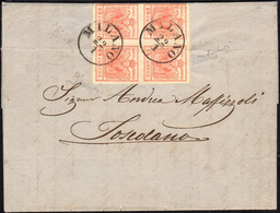 1857 - 15 Cent. Rosso, III Tipo, Carta A Mano (6), Blocco Di Quattro, Impercettibile Piega D'archivi... - Lombardo-Vénétie