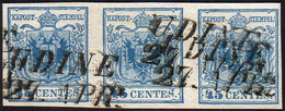 1855 - 45 Cent. Azzurro Vivo, III Tipo, Carta A Mano (12a), Striscia Di Tre, Perfetta, Usata A Udine... - Lombardo-Vénétie