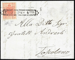 1851 - 15 Cent. Rosso Vermiglio, I Tipo, Carta A Coste Verticali, Evidente Pli D'accordeon (14), Per... - Lombardo-Vénétie