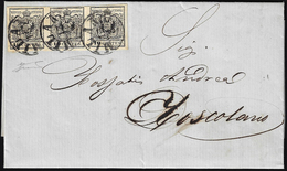 1858 - 10 Cent. Nero, Carta A Macchina (19), Striscia Di Tre, Perfetta, Su Lettera Da Milano  13/8/1... - Lombardo-Vénétie