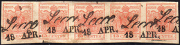 1854 - 15 Cent. Rosso Vermiglio, Carta A Macchina (20), Striscia Di Cinque, Perfetta, Usata A Lecco ... - Lombardo-Vénétie