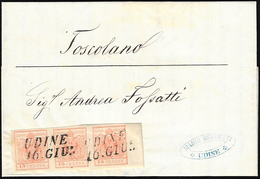 1857 - 15 Cent. Rosso Vermiglio Chiaro, Carta A Macchina (20a), Striscia Di Tre, Bordo Di Foglio, Su... - Lombardo-Vénétie