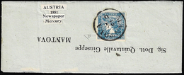 1855 - 3 Cent. Mercurio Azzurro, III Tipo (3), Perfetto Su Fascetta Completa Per Mantova, Annullato ... - Lombardo-Vénétie