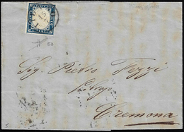 1859 - 20 Cent. Azzurro Scuro (Sardegna 15B), Perfetto, Su Lettera Da Milano 15/7/1859 A Cremona, Du... - Lombardo-Vénétie