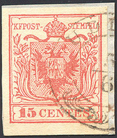 UDINE, 2CO Punti 7 - 15 Cent. Rosso Prima Tiratura (3a), Perfetto, Su Frammento Del 5/6/1850, Quinto... - Lombardo-Vénétie