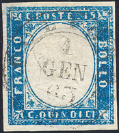 1863 - 15 Cent. Azzurro Tipo Sardegna (11), Perfetto, Usato Il Primo Giorno D'emissione 1/1/1863. Fe... - Autres & Non Classés