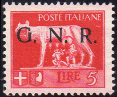 1943 - 5 Lire Soprastampa G.N.R. Spaziata Del I Tipo, Tiratura Di Brescia (485/A), Gomma Integra, Pe... - Autres & Non Classés