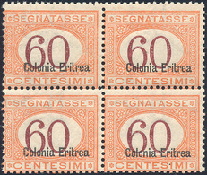 SEGNATASSE 1926 - 60 Cent. Arancio E Bruno, Soprastampa In Basso (25), Blocco Di Quattro, Perfetto, ... - Erythrée