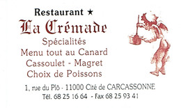 Carte De Visite Du Restaurant La Crémade, Carcassonne (vers 1995) - Tarjetas De Visita