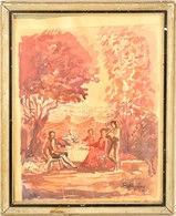Batthány Jelzéssel: Kerti Teázgatás. Akvarell, Papír (kis Szakadásokkal), üvegezett Keretben, 30×22 Cm - Altri & Non Classificati