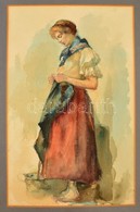 Jelzés Nélkül: Merengő Lány (cca 1900 ). Akvarell-ceruza, Papír-karton, Paszpartuban, 40×25 Cm - Altri & Non Classificati