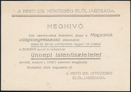 1929 Magyarok Világkongresszusa Alkalmából Tartott ünnepi Istentisztelet Meghívója A Dohány Utcai Zsinagógába. - Altri & Non Classificati