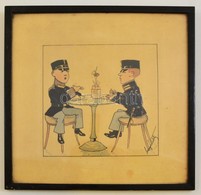 Cca 1910 Olvashatatlan Jelzéssel: Falatozó Katonák (Karikatúra). Akvarell, Papír, üvegezett Keretben, 16,5×16,5 Cm - Altri & Non Classificati