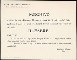 1929 Bp. VIII., Meghívó A Szent István Akadémia ülésére - Non Classificati