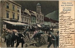 T2/T3 1906 Brassó, Kronstadt, Brasov; Tér, Bruder Simay üzlete. Víg üdvözlet Montázs Részeg Férfiakkal Este / Fidele Grü - Non Classés