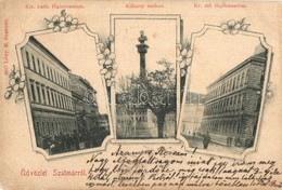 * T2/T3 1899 Szatmárnémeti, Szatmár, Satu Mare; Kir. Katolikus Gimnázium, Kölcsey Szobor, Református Gimnázium. Kiadja L - Ohne Zuordnung