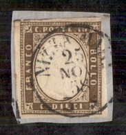 Antichi Stati Italiani - Sardegna - 1858 - 10 Cent (14a - Terra D'ombra Chiaro) - Usato Su Frammento - Cert. Raybaudi (1 - Andere & Zonder Classificatie