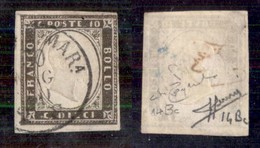 Antichi Stati Italiani - Sardegna - 1858 - 10 Cent (14Bc - Nero Grigiastro) - Usato - Preciso A Destra - Cert Sorani + R - Otros & Sin Clasificación
