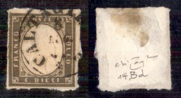 Antichi Stati Italiani - Sardegna - 1860 - 10 Cent  (14Bd - Bruno Olivastro Scuro) - Usato Su Frammento - Raybaudi (1200 - Sonstige & Ohne Zuordnung